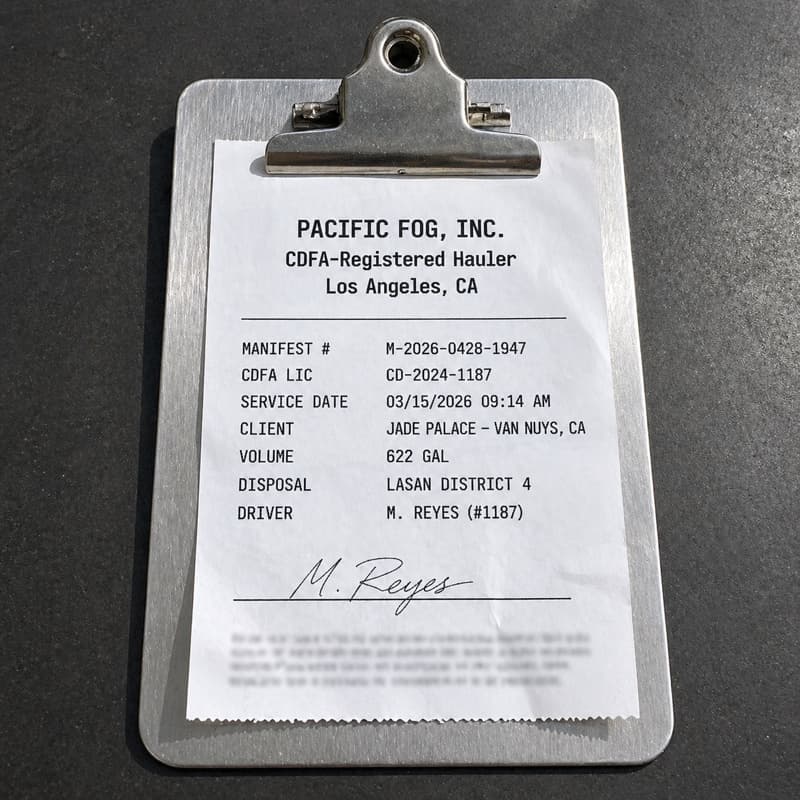 Sample disposal receipt photo from a real GreaseGrid proof packet